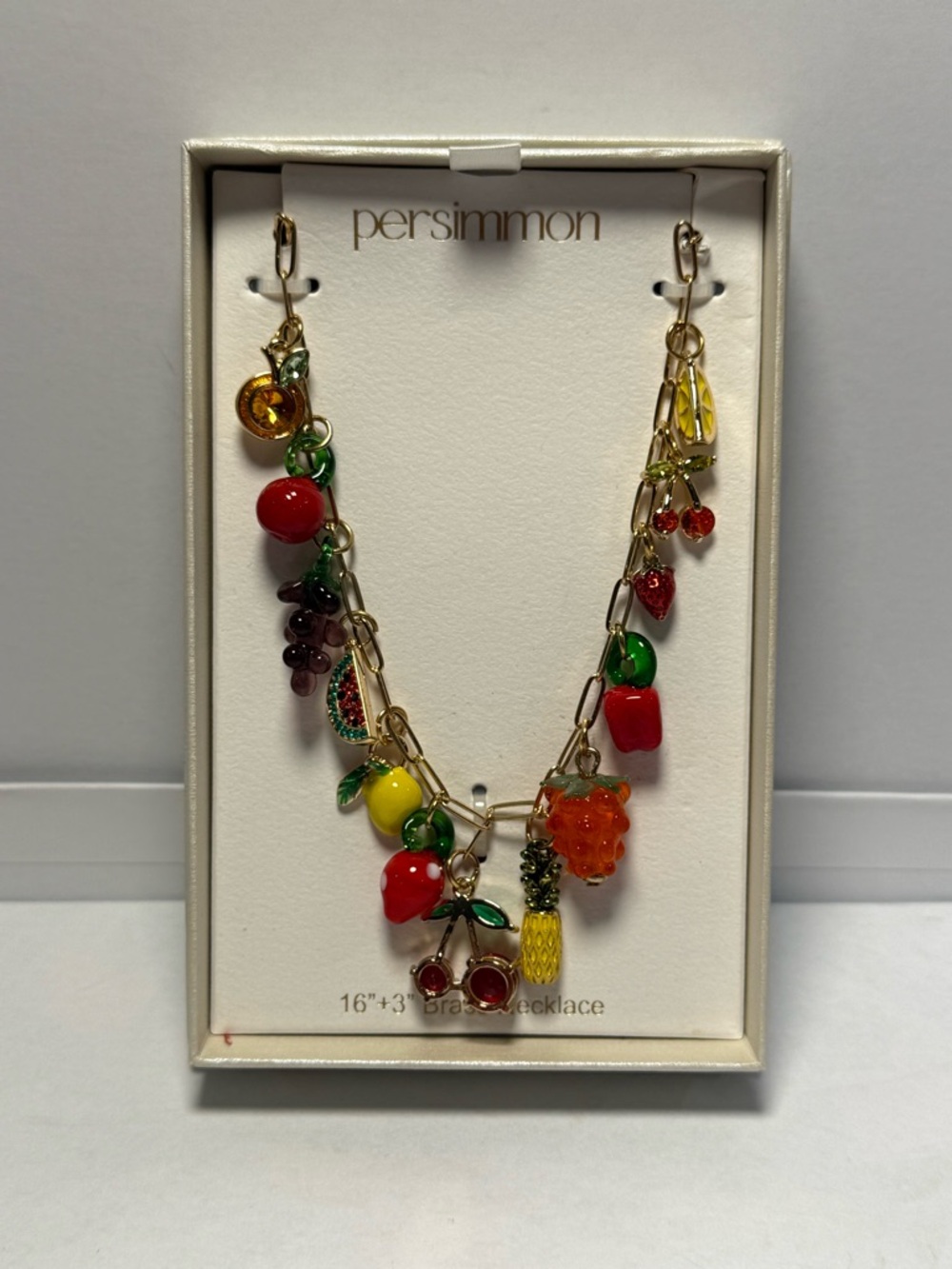 Persimmon Fruit Charm Necklace 16” + 3” Extender Gold Tone Brass NEW Bright Fun